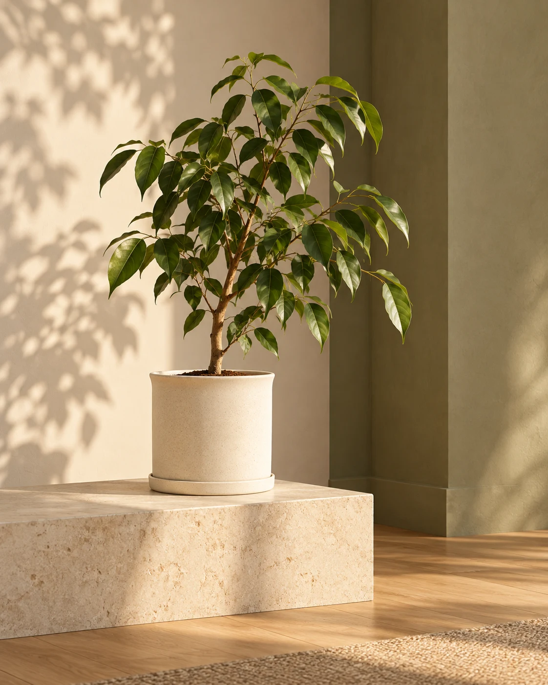 Sculptural indoor planters in a softly lit interior