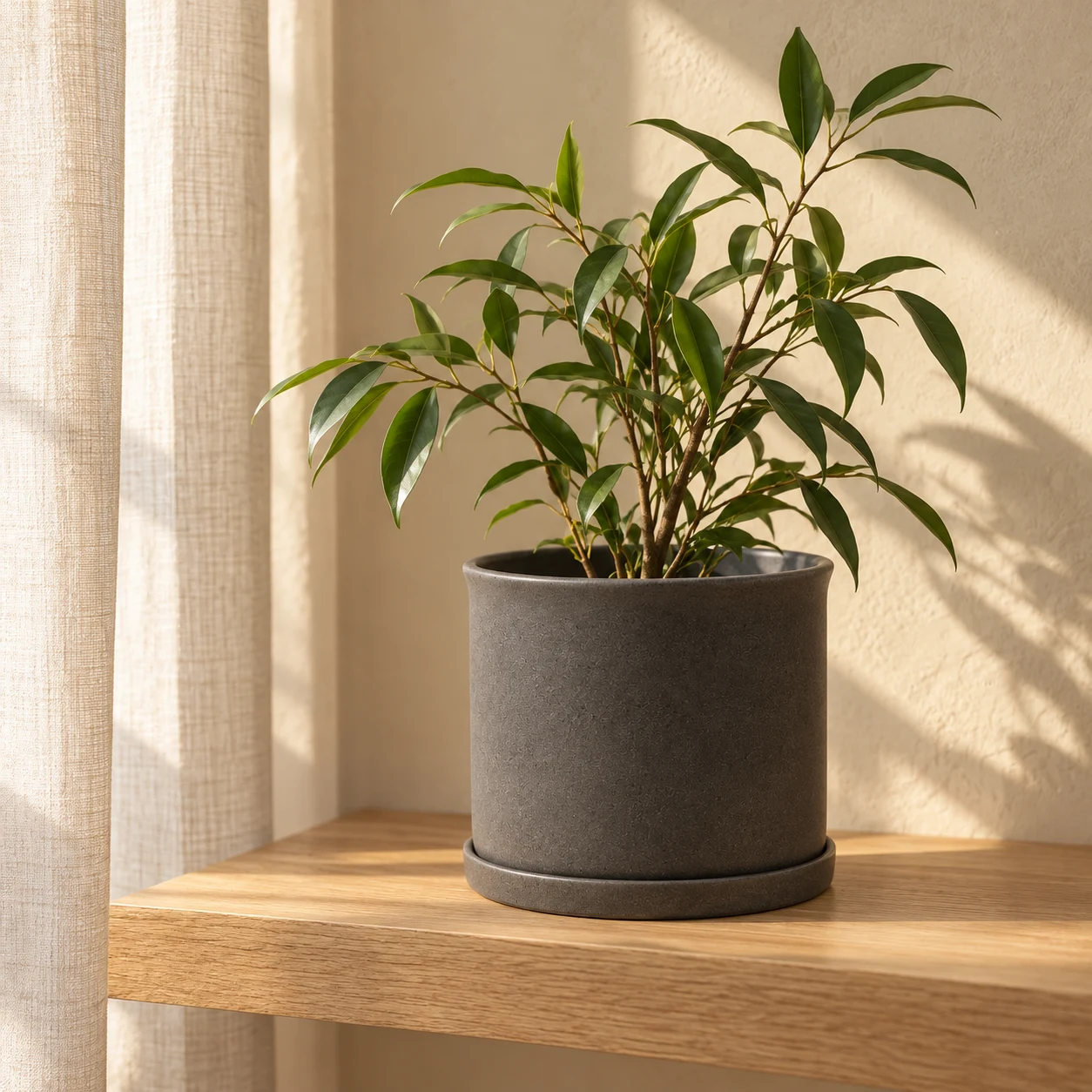 An intimate indoor plant corner with carefully considered planter forms