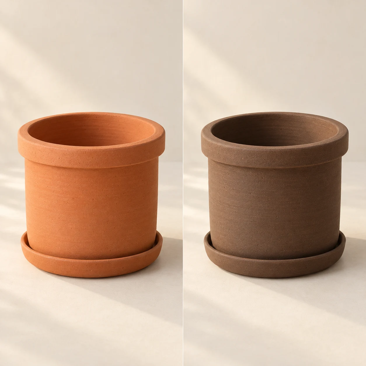 Terrace Planter, Terracotta on the left and Umber on the right